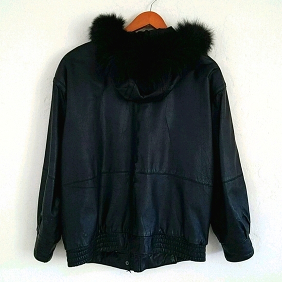 Hooded leather 90's bomber jacket fur trim 10 - Picture 3 of 5